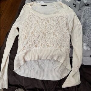 Cropped Cream Lace Knit Sweater